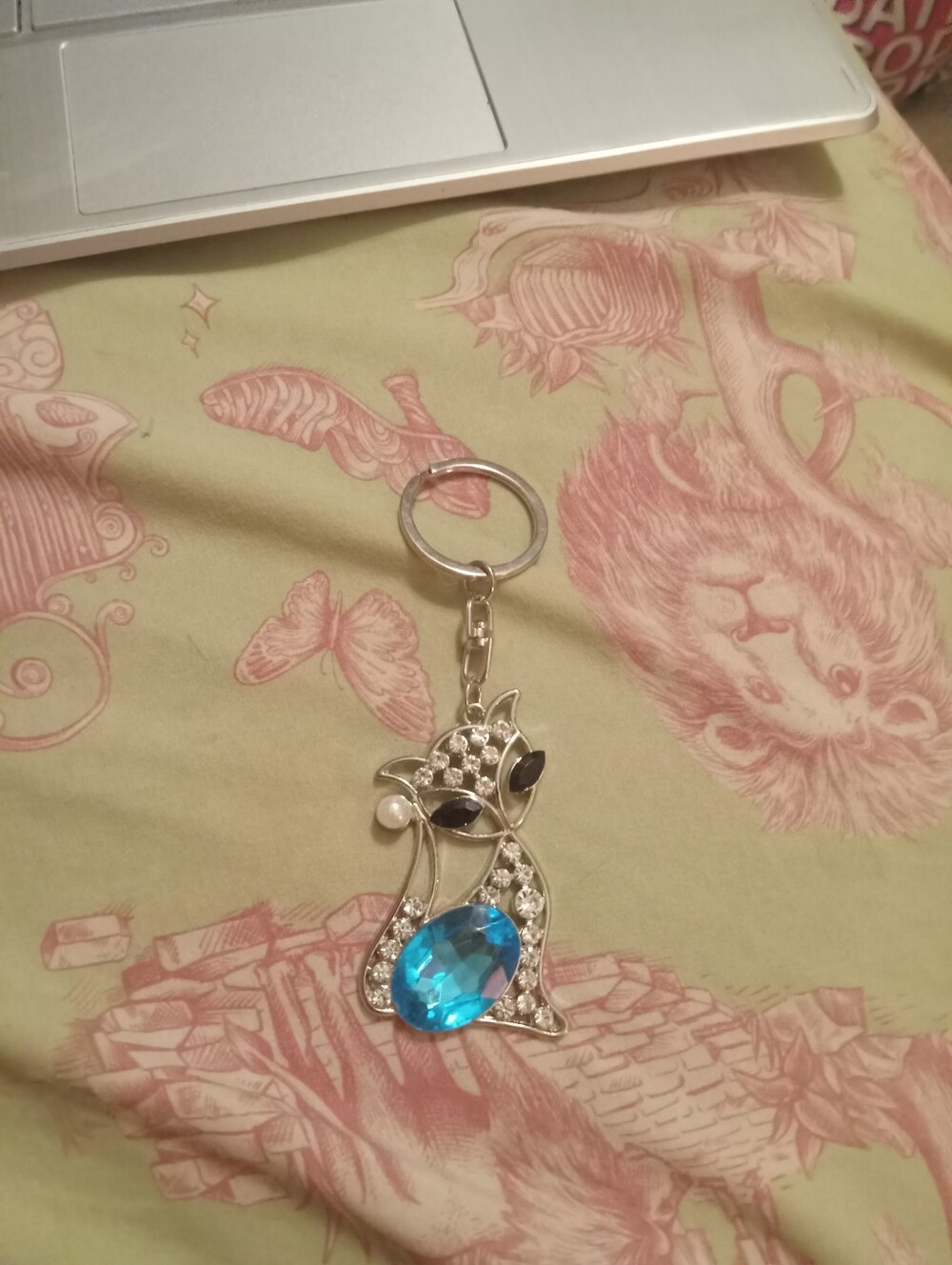 Silver & Blue Rhinestone Bling Cat Keychain